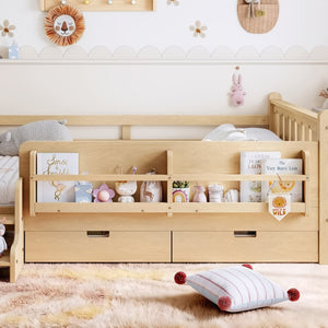 English Elm Twin Kids Platform Bed with Trundle Staircase Bookshelf and Rounded Safety Rails Light Natural W1580S00541