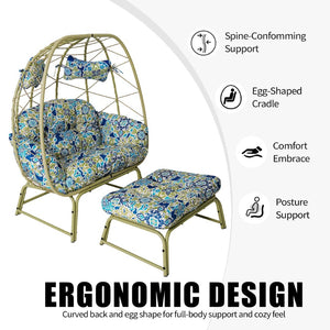 English Elm Double Wicker Egg Chair with Ottoman Bohemian Rattan Outdoor Lounge for Patio T5880P501483