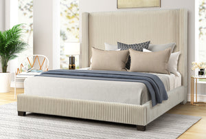 English Elm Queen Upholstered Bed with Pleated Headboard and Sturdy Rails, Easy-Clean Polyester Fabric Design Beige 79.75 L x 53.75 W x 9.5 H B2699P208288