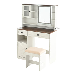 English Elm Farmhouse Makeup Vanity Desk with Lighted Mirror, Built-In Charging Station, Ample Storage and Stool White N844P291652M