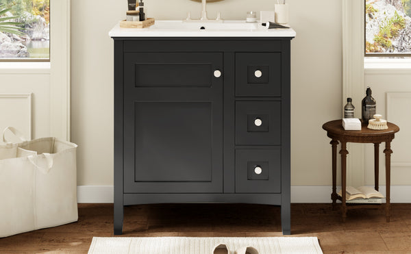 English Elm 30 Inch Bathroom Vanity with Ceramic Sink and 3 Smooth-Glide Drawers, Modern Moisture-Resistant Storage Black N710P252105B