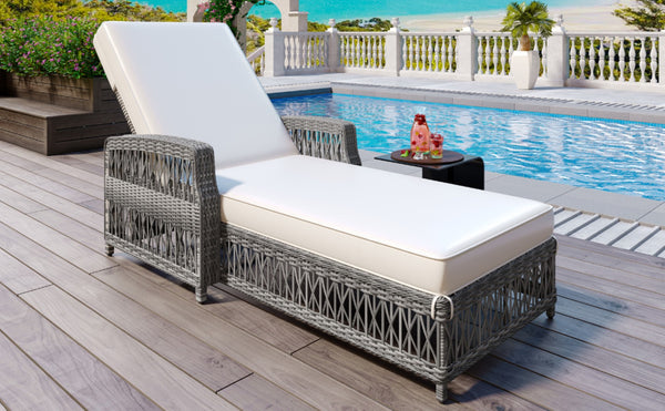 English Elm Go Outdoor Wicker Chaise Lounge Recliner with Ergonomic Armrests and Thick Cushion for Patio Beige+Grey N704P248779A