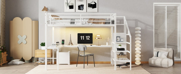 English Elm W00092aak-2 Metal Twin Xl Loft Bed with Wardrobe Desk Led Lighting and Stair Storage W1580P309650