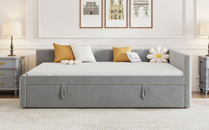 English Elm Full L-Shaped Upholstered Daybed with Twin Pop-Up Trundle, Vertical Stripe Design, Cozy Lounge Style (98) Gray SF000191AAE