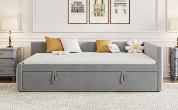 English Elm Full L-Shaped Upholstered Daybed with Twin Pop-Up Trundle, Vertical Stripe Design, Cozy Lounge Style (98) Gray SF000191AAE