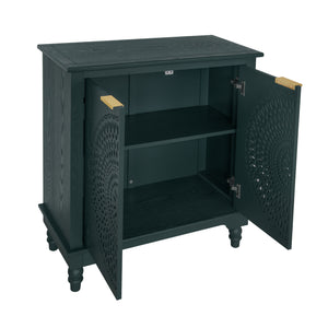 English Elm American Hollow-Carved 2 Door Accent Cabinet — Pine Feet, Gold Handles, Rustic Entryway Storage Buffet W688P145774