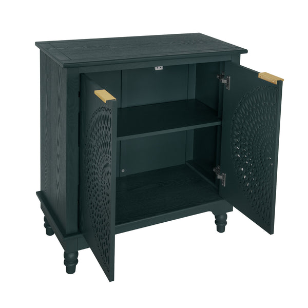 English Elm American Hollow-Carved 2 Door Accent Cabinet — Pine Feet, Gold Handles, Rustic Entryway Storage Buffet W688P145774