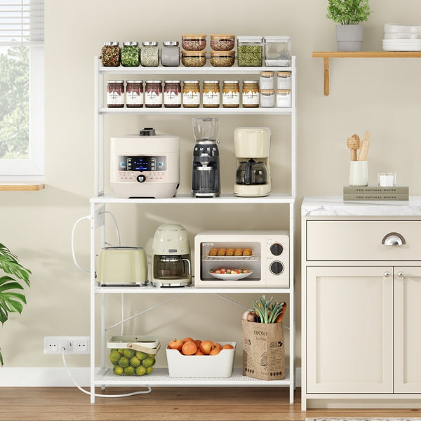 English Elm Large Five Tier Industrial Bakers Rack with Built in Outlets Microwave Stand Kitchen Organizer White T3623P431209