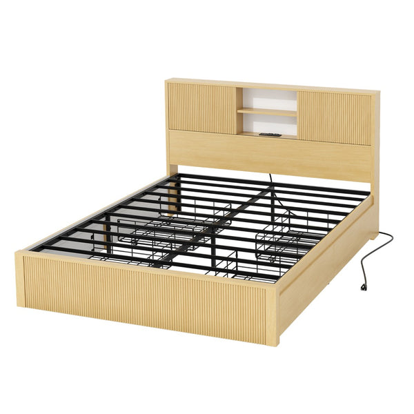 English Elm Queen Storage Bed Oak Finish Sliding Barn Door Headboard with Built-in Charging T3773P417190