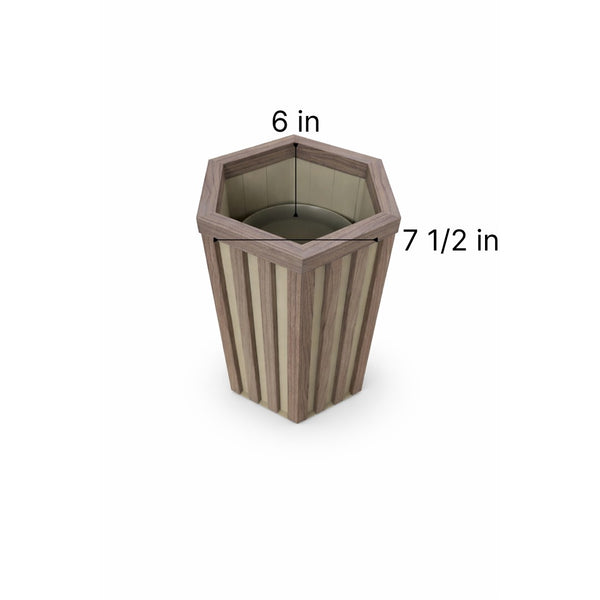 English Elm Hexagon Column Aluminum Planter Geometric Outdoor Pot with Wood Tone Powder Coat Finish Ash Brown B2755P462183