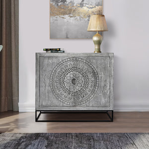 English Elm Zera Handcrafted 39" Accent Cabinet – Sandblasted Gray Mango Wood, Medallion Doors, Iron Stand B056P390833