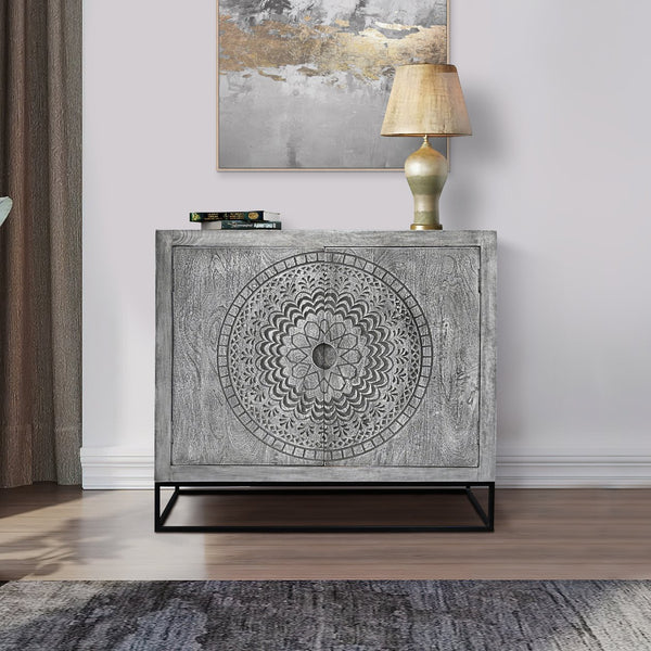 English Elm Zera Handcrafted 39" Accent Cabinet – Sandblasted Gray Mango Wood, Medallion Doors, Iron Stand B056P390833