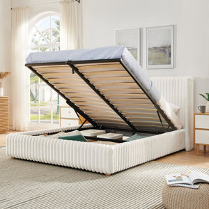English Elm Queen Storage Bed Plush Ribbed Rabbit Fur Upholstery Gas Lift Platform Modern Luxury W1413S00181