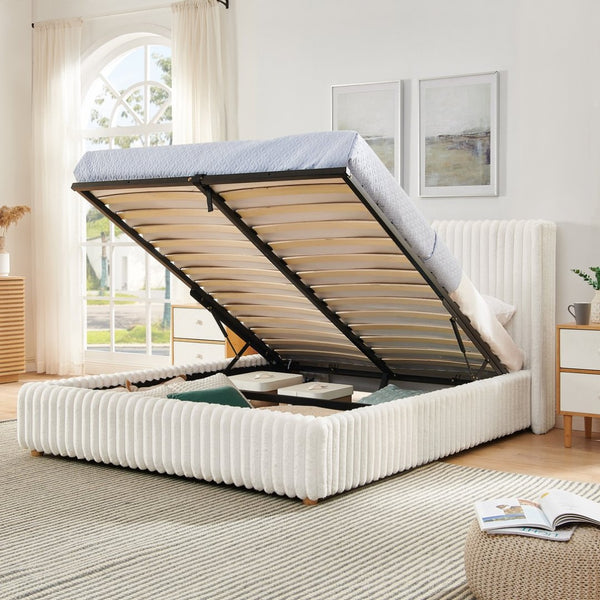 English Elm Queen Storage Bed Plush Ribbed Rabbit Fur Upholstery Gas Lift Platform Modern Luxury W1413S00181