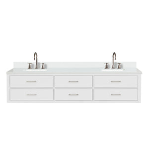 English Elm White Double Bath Vanity 84 in W x 22 in D with White Quartz Top, Chrome Gooseneck Faucets, Soft-Close Storage Bundle B2731P258169