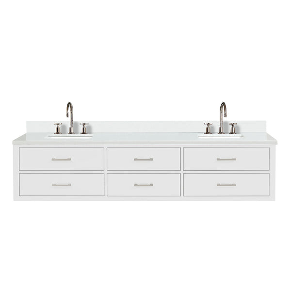 English Elm White Double Bath Vanity 84 in W x 22 in D with White Quartz Top, Chrome Gooseneck Faucets, Soft-Close Storage Bundle B2731P258169