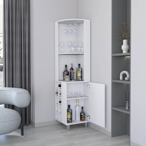 English Elm White Corner Bar Cabinet with Four Shelves, Built-in Wine Rack & Glass Holder for Stylish Storage B062S00604