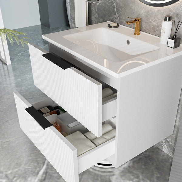 English Elm 24 Compact Bathroom Vanity with Sink — Floor-Standing Stability, Soft-Close Drawers, Large Storage, Durable Finish Matte White 26.38 L x 22.83 W x 7.87 H W3520S00004