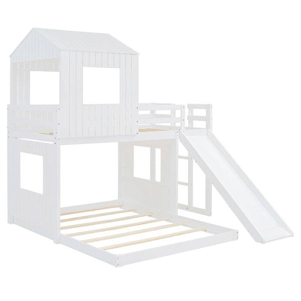 English Elm Wooden Twin Over Full Bunk Bed Farmhouse Playhouse Slide Pinewood Kids Loft White LT000328AAK