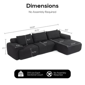 English Elm L-Shaped Convertible Sectional Sofa with Memory Foam, Steel Frame, No Assembly, Corduroy Comfort Black W2959S00016