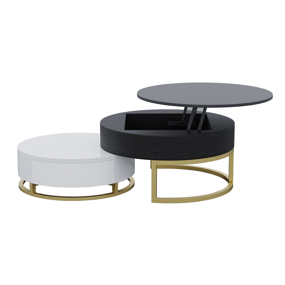 English Elm Dolce Round Lift-Top Wood Coffee Table with Convertible Heights and Sturdy Iron Frame, Modern Chic Black White B341S00041