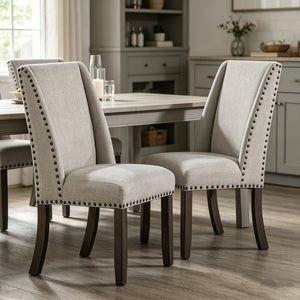 English Elm Set of 2 Wingback Dining Chairs Gray Fabric Bronze Nailhead Trim Wood Legs Formal B2770P508320