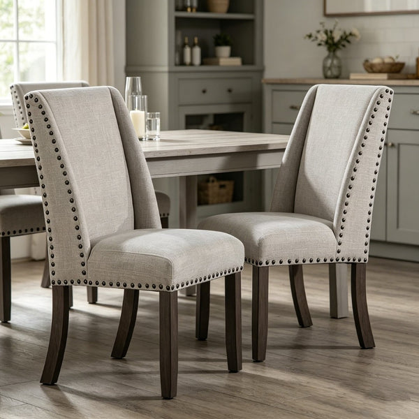 English Elm Set of 2 Wingback Dining Chairs Gray Fabric Bronze Nailhead Trim Wood Legs Formal B2770P508320