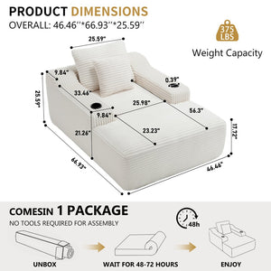 English Elm 67" Corduroy Oversized Chaise Sleeper Sofa Deep Seat Boneless Lounge with Cup Holder Pillows White W1803P409263