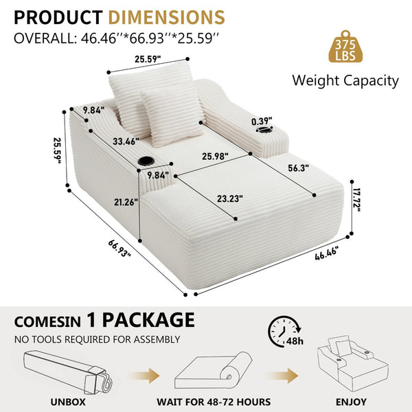 English Elm 67" Corduroy Oversized Chaise Sleeper Sofa Deep Seat Boneless Lounge with Cup Holder Pillows White W1803P409263