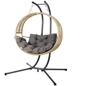 English Elm Double Hanging Egg Chair with Stand — Oversized 2-Person Wicker Rattan Swing, 700lb Capacity, Convertible Recliner W2500P290325