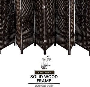 English Elm 8 Panel Room Divider with Hand-Woven Fiber Straps, Solid Wood Folding Screen for Privacy & Style Walnut Brown W3198P299186