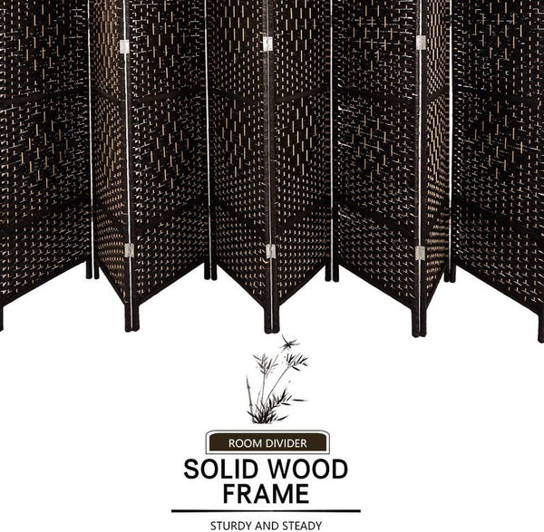 English Elm 8 Panel Room Divider with Hand-Woven Fiber Straps, Solid Wood Folding Screen for Privacy & Style Walnut Brown W3198P299186