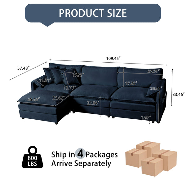 English Elm Modular Sectional Sofa - Luxurious Oversized Deep Seat L-Shaped Couch With Movable Ottoman, Blue W3163S00020