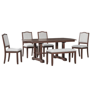English Elm 6-piece Extendable Wood Dining Set with Linen Upholstered Chairs Bench Seats Eight Cherry N752S000097C