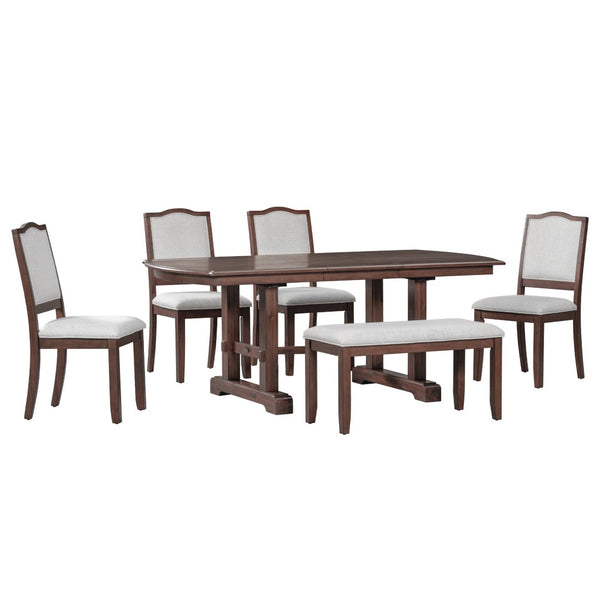 English Elm 6-piece Extendable Wood Dining Set with Linen Upholstered Chairs Bench Seats Eight Cherry N752S000097C