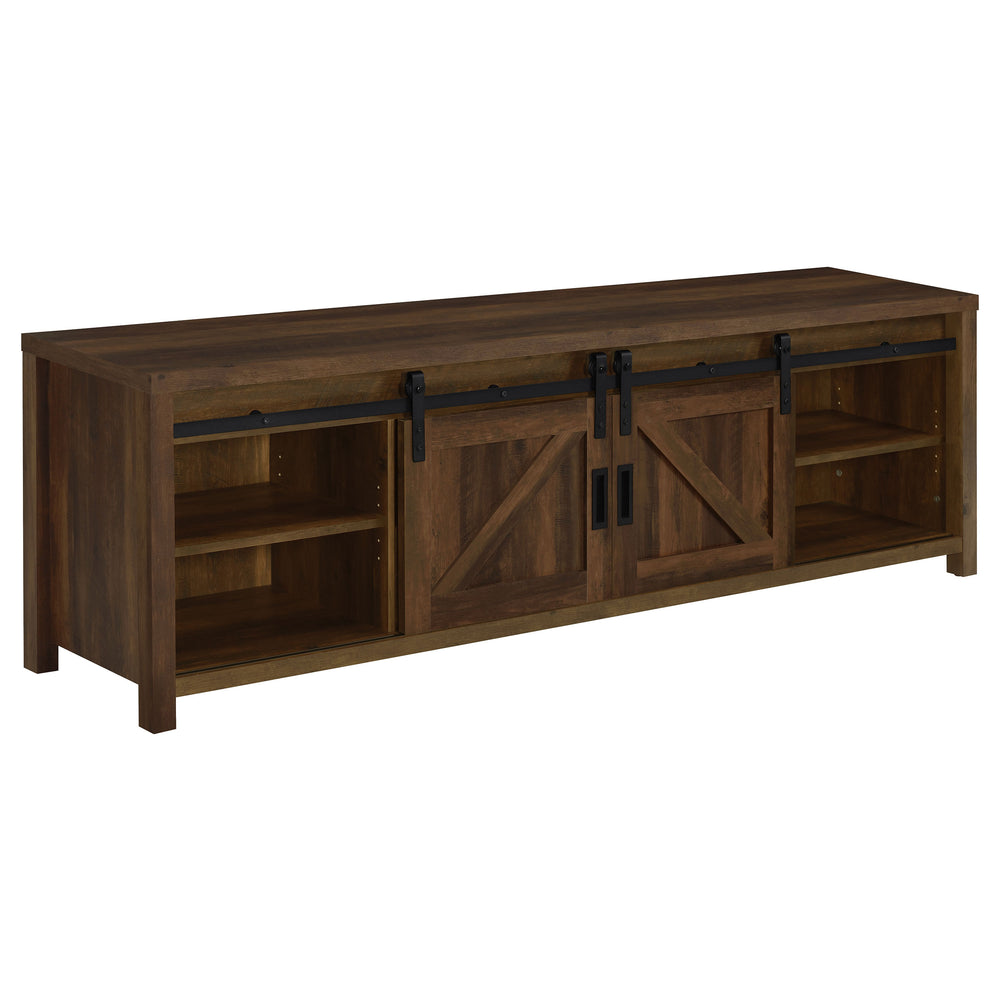 English Elm Madra Dark Pine TV Stand with Sliding Doors, 2-Drawer Storage, Rustic Modern Engineered Wood Console B062P344954