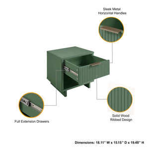 English Elm Granville Solid Wood 18" Nightstand with Ribbed Front Drawer and Gold Steel Handles, Modern Flair Sage Green B365P398144