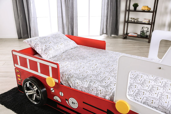 English Elm Twin Fire Truck Bed for Kids with Molded Fascia, Siren Accent, Stationary Wheels & Slat Kit Durable Finish Red 84 L x 20 W x 3 H B2741S00499