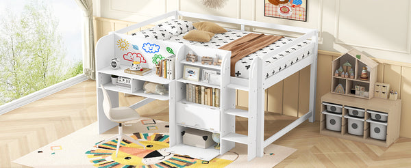 English Elm Full Size Low Loft Bed With Desk, Storage Solutions & Whiteboard For Creative Learning – White Finish N7090005005K