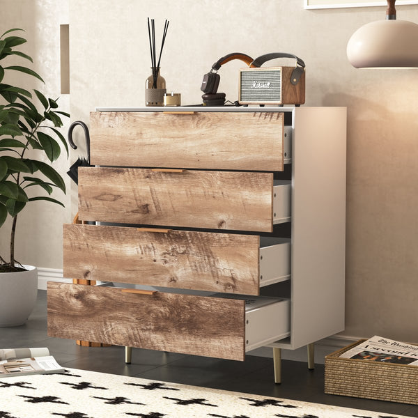 English Elm Wooden Tall 4 Drawer Dresser with Metal Legs, White+Natural Finish, Anti-Tip, Spacious Storage W409P171913