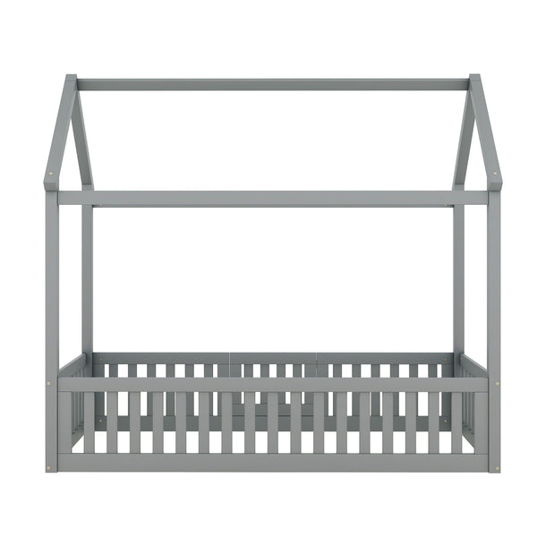 English Elm Twin Pine House Bed with Roof, Fence & Door — Enclosed Playful Design for Cozy Sleep and Imagination Gray WF531501AAE