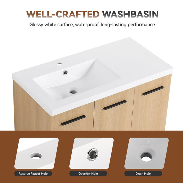 English Elm 36" Floating Bathroom Vanity Light Oak Modular Cabinet with Gel Coat Integrated Sink W3450S00076