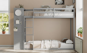 English Elm Twin Bunk Bed with Storage Drawers Hanging Rail Led Shelves and Pegboard Organizer Gray LT000282AAE