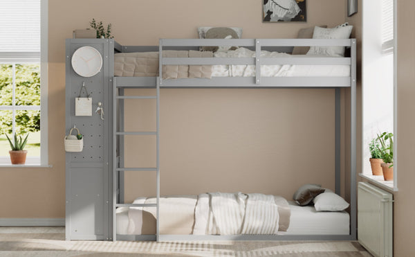 English Elm Twin Bunk Bed with Storage Drawers Hanging Rail Led Shelves and Pegboard Organizer Gray LT000282AAE