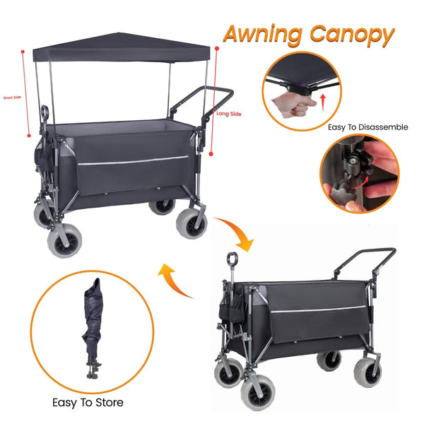 English Elm Multi-functional Folding Wagon with Canopy All Terrain Tires 480lb Steel Frame Outdoor Black+ Gray W2932P417663
