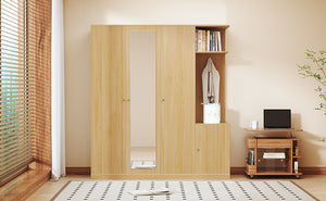 English Elm 4-Door Wardrobe with Full-Length Mirror, Dust-Proof Compartments, Shoe Door & Anti-Tip Safety Features Natural N820S00056N