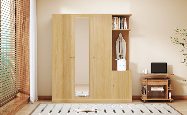 English Elm 4-Door Wardrobe with Full-Length Mirror, Dust-Proof Compartments, Shoe Door & Anti-Tip Safety Features Natural N820S00056N