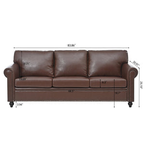 English Elm 3 Seater Roll Arm Pu Leather Sofa with Nail Trim Detail for Traditional Living Rooms Brown Pu W680P451462