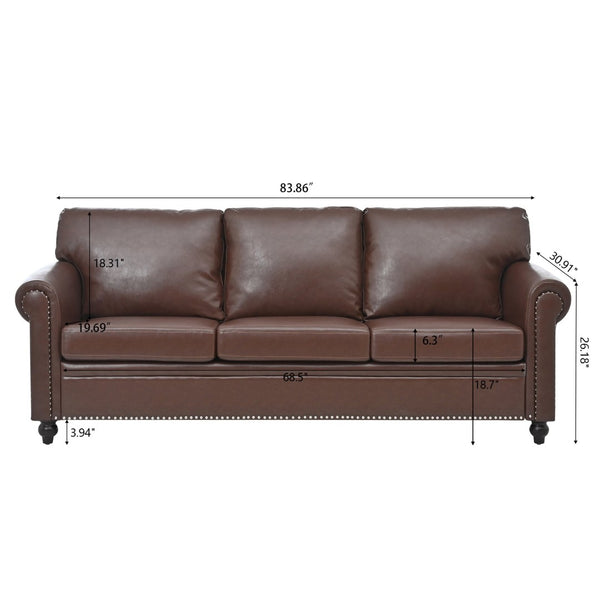 English Elm 3 Seater Roll Arm Pu Leather Sofa with Nail Trim Detail for Traditional Living Rooms Brown Pu W680P451462