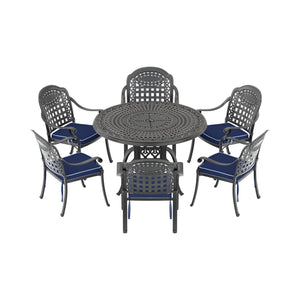 English Elm 7-Piece Cast Aluminum Patio Set With Blue Cushions - Stylish, Durable, And Easy To Maintain Outdoors W1710S00487